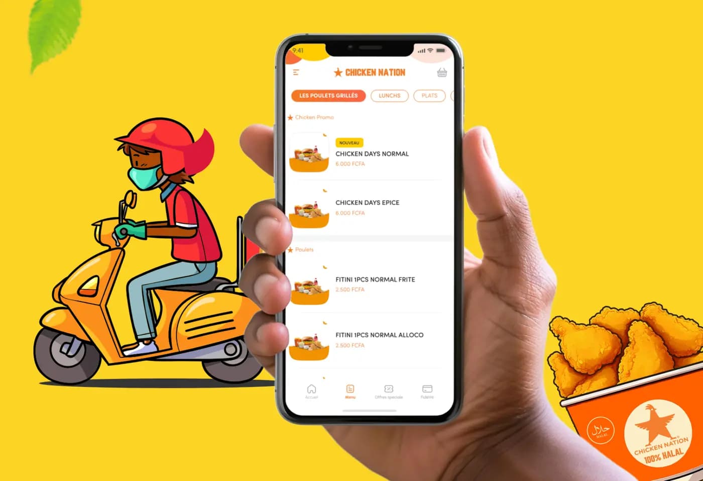 Livreur Chicken Nation à scooter, et une main qui tient un téléphone ouvert sur l'application